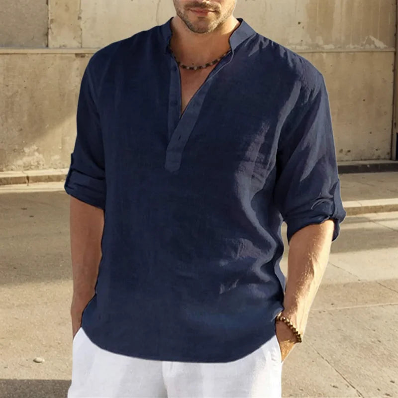 2024 Casual Blouse Loose Cotton Linen Men Shirt  Fashion Stand Collar Pure Long Sleeve Tee Shirt Handsome Fitting Top Clothes