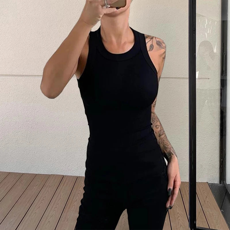 Solid Basic Tank Soft Top For Women Summer Outfits Tight Sexy Round Neck Tank Top Knitted Bottom Shirt Sleeveless Top Outerwear