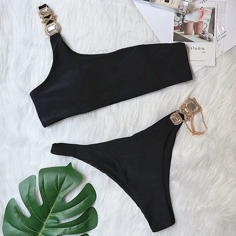 2025 Rhinestone Swimsuit Women Bikinis Crystal Diamond Bikini Set Metal Chain Swimwear female Luxury Aristocratic Swimming Suit