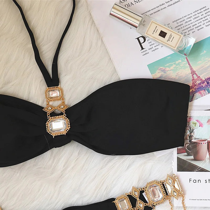 2025 Rhinestone Swimsuit Women Bikinis Crystal Diamond Bikini Set Metal Chain Swimwear female Luxury Aristocratic Swimming Suit