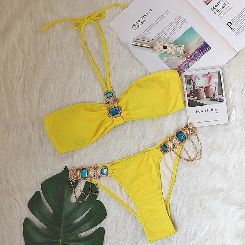 2025 Rhinestone Swimsuit Women Bikinis Crystal Diamond Bikini Set Metal Chain Swimwear female Luxury Aristocratic Swimming Suit