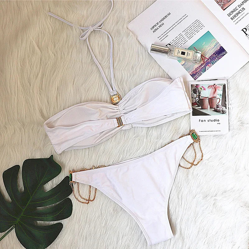 2025 Rhinestone Swimsuit Women Bikinis Crystal Diamond Bikini Set Metal Chain Swimwear female Luxury Aristocratic Swimming Suit