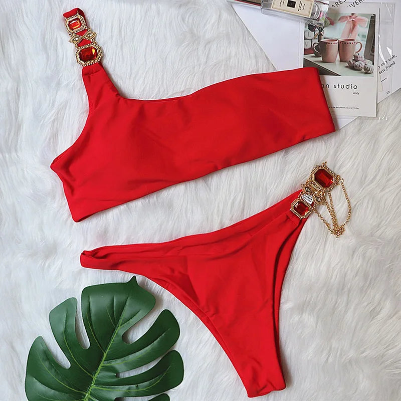 2025 Rhinestone Swimsuit Women Bikinis Crystal Diamond Bikini Set Metal Chain Swimwear female Luxury Aristocratic Swimming Suit