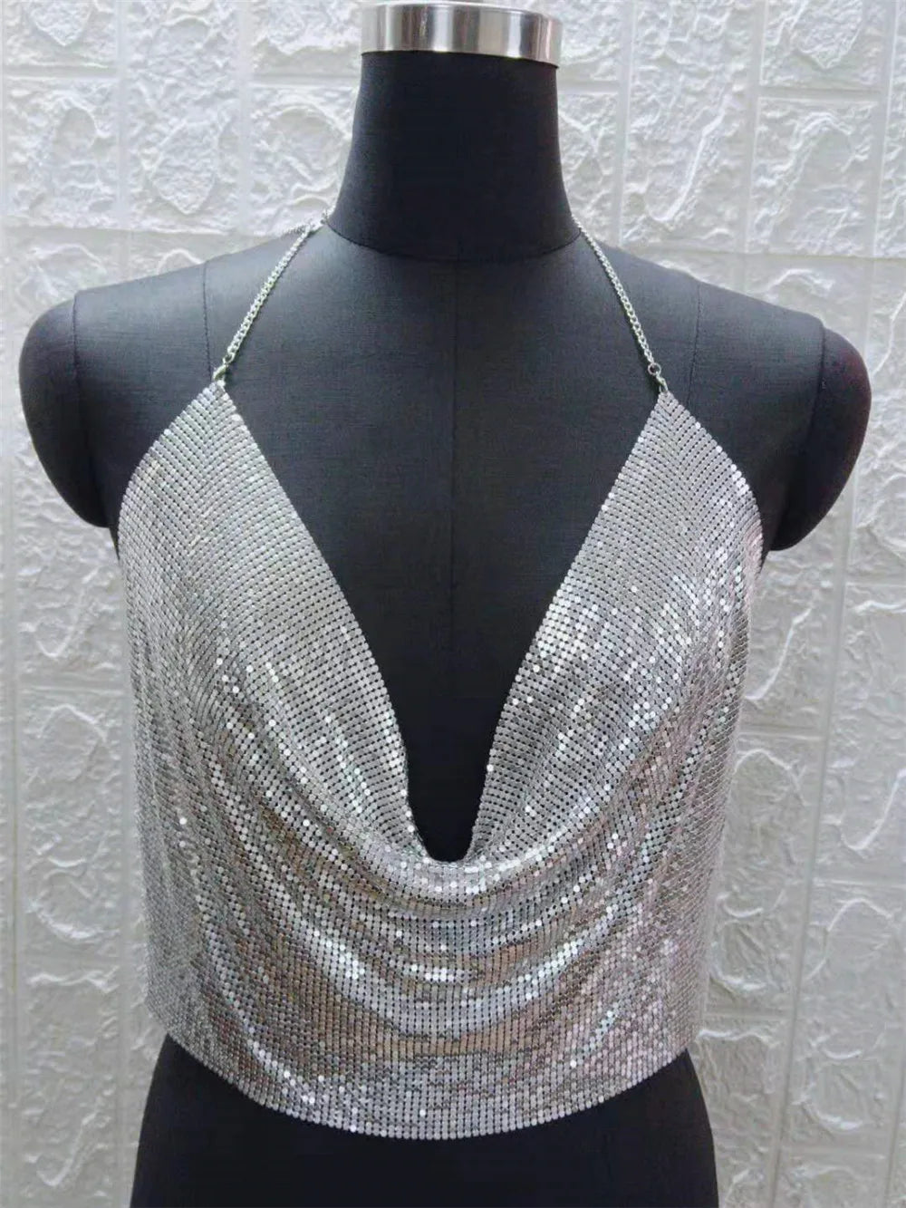 Sexy Halter Tank Tops Shining Metal Sequins Backless Low-Cut Tank Camisole For Women