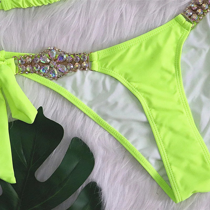 2025 Rhinestone Swimsuit Women Bikinis Crystal Diamond Bikini Set Metal Chain Swimwear female Luxury Aristocratic Swimming Suit