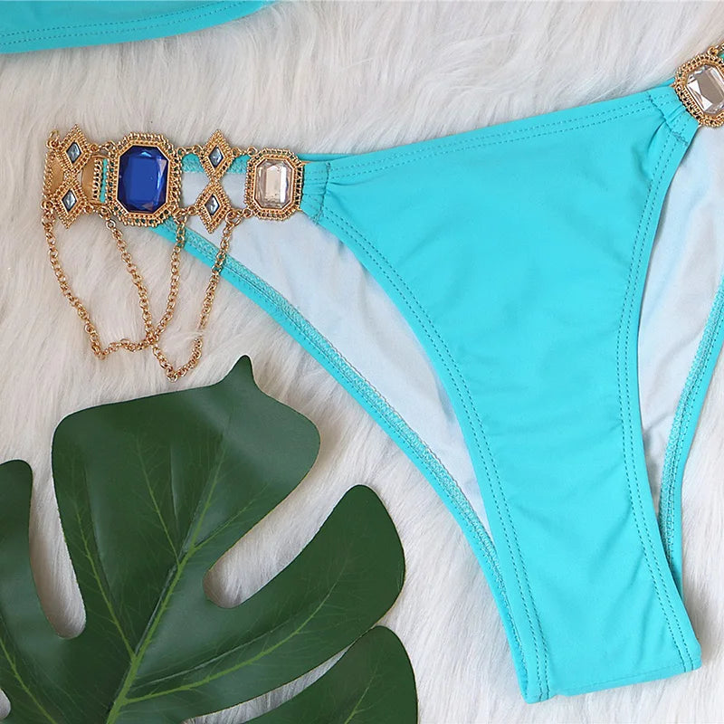 2025 Rhinestone Swimsuit Women Bikinis Crystal Diamond Bikini Set Metal Chain Swimwear female Luxury Aristocratic Swimming Suit