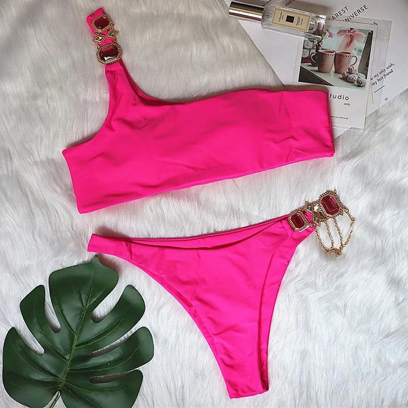 2025 Rhinestone Swimsuit Women Bikinis Crystal Diamond Bikini Set Metal Chain Swimwear female Luxury Aristocratic Swimming Suit