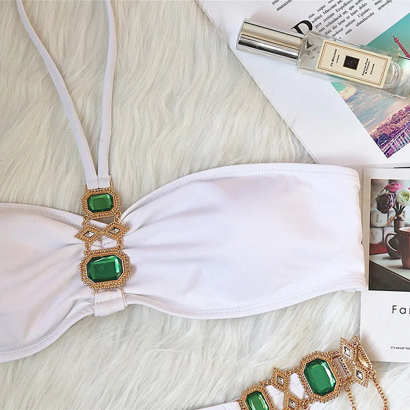 2025 Rhinestone Swimsuit Women Bikinis Crystal Diamond Bikini Set Metal Chain Swimwear female Luxury Aristocratic Swimming Suit