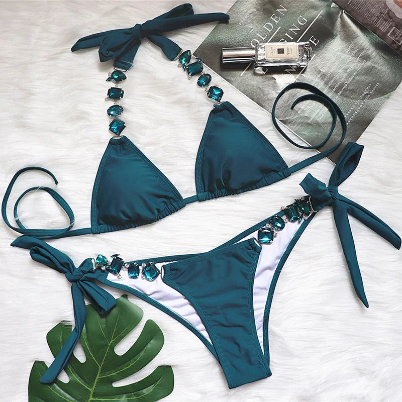 2025 Rhinestone Swimsuit Women Bikinis Crystal Diamond Bikini Set Metal Chain Swimwear female Luxury Aristocratic Swimming Suit