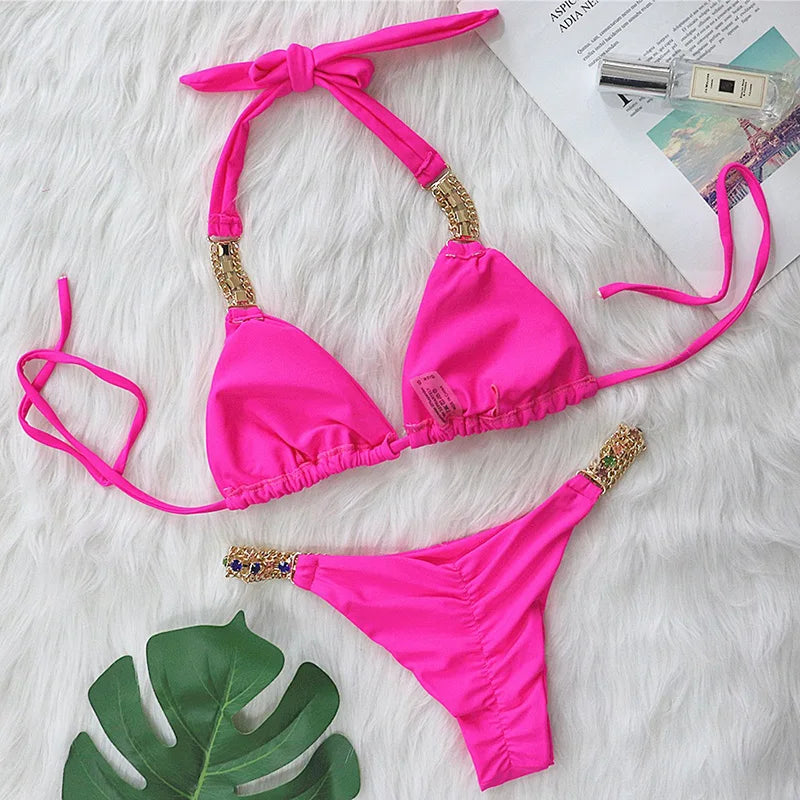 2025 Rhinestone Swimsuit Women Bikinis Crystal Diamond Bikini Set Metal Chain Swimwear female Luxury Aristocratic Swimming Suit