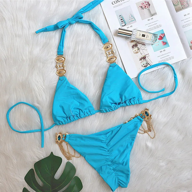 2025 Rhinestone Swimsuit Women Bikinis Crystal Diamond Bikini Set Metal Chain Swimwear female Luxury Aristocratic Swimming Suit