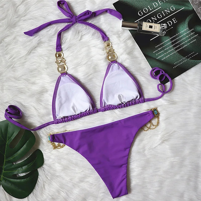 2025 Rhinestone Swimsuit Women Bikinis Crystal Diamond Bikini Set Metal Chain Swimwear female Luxury Aristocratic Swimming Suit