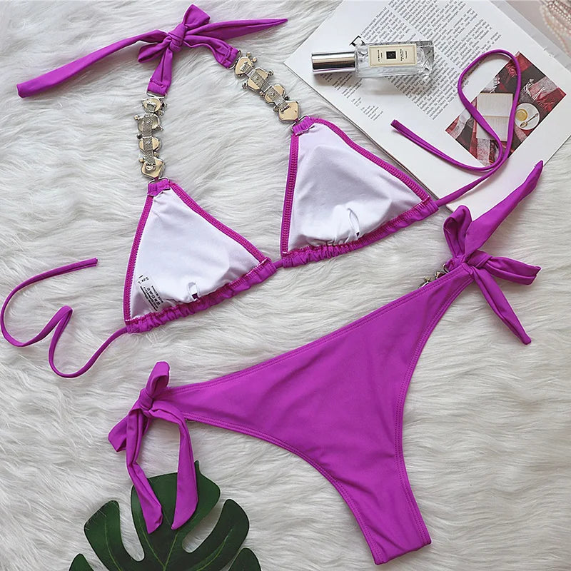 2025 Rhinestone Swimsuit Women Bikinis Crystal Diamond Bikini Set Metal Chain Swimwear female Luxury Aristocratic Swimming Suit