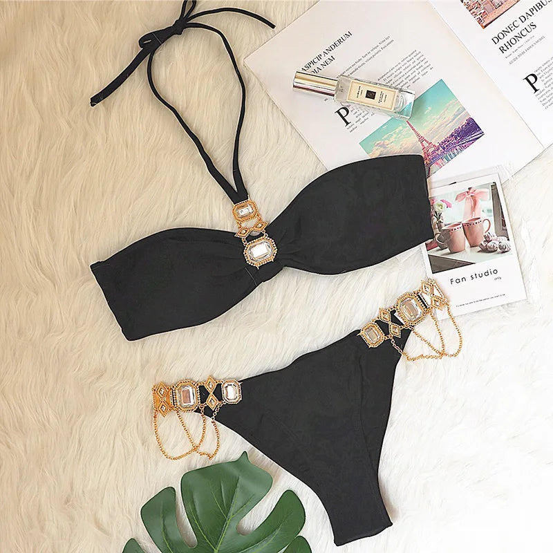 2025 Rhinestone Swimsuit Women Bikinis Crystal Diamond Bikini Set Metal Chain Swimwear female Luxury Aristocratic Swimming Suit