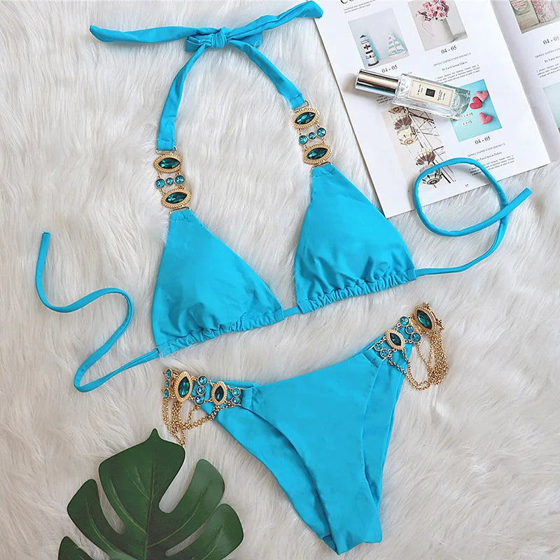 2025 Rhinestone Swimsuit Women Bikinis Crystal Diamond Bikini Set Metal Chain Swimwear female Luxury Aristocratic Swimming Suit