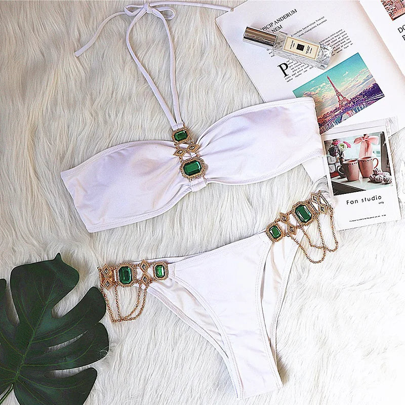 2025 Rhinestone Swimsuit Women Bikinis Crystal Diamond Bikini Set Metal Chain Swimwear female Luxury Aristocratic Swimming Suit