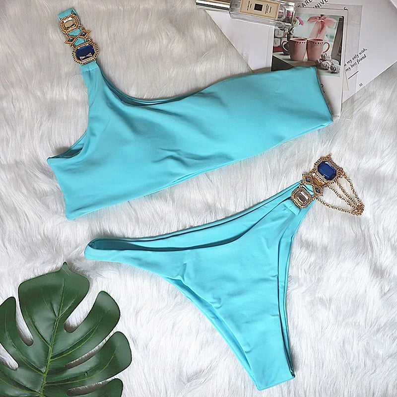 2025 Rhinestone Swimsuit Women Bikinis Crystal Diamond Bikini Set Metal Chain Swimwear female Luxury Aristocratic Swimming Suit