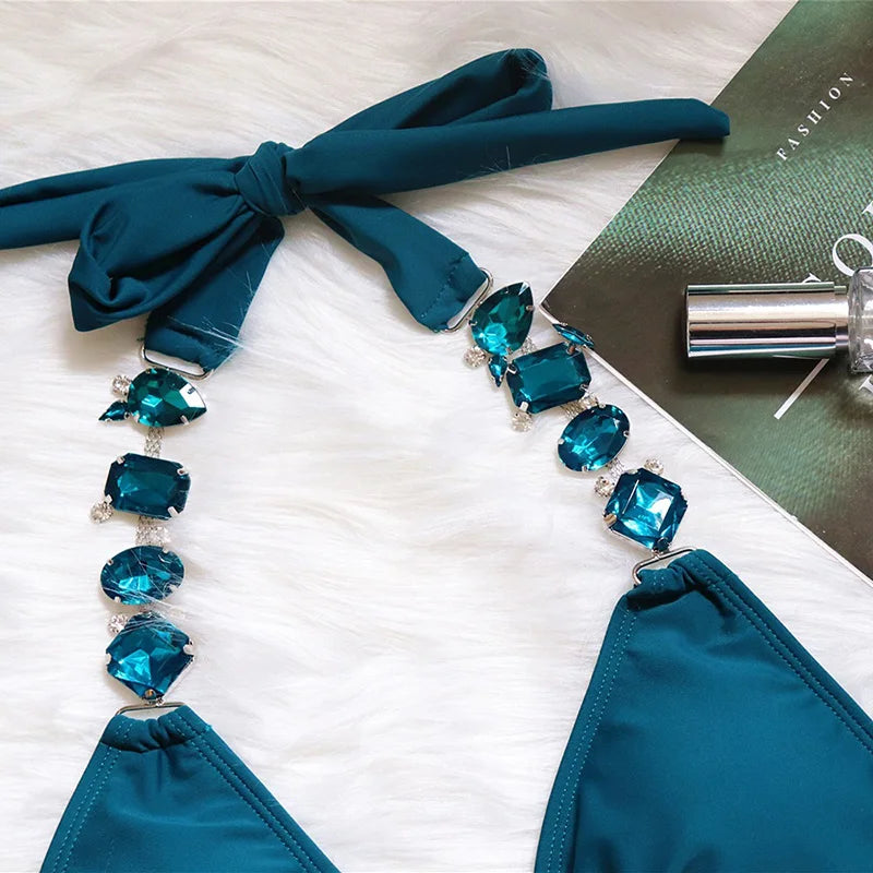 2025 Rhinestone Swimsuit Women Bikinis Crystal Diamond Bikini Set Metal Chain Swimwear female Luxury Aristocratic Swimming Suit