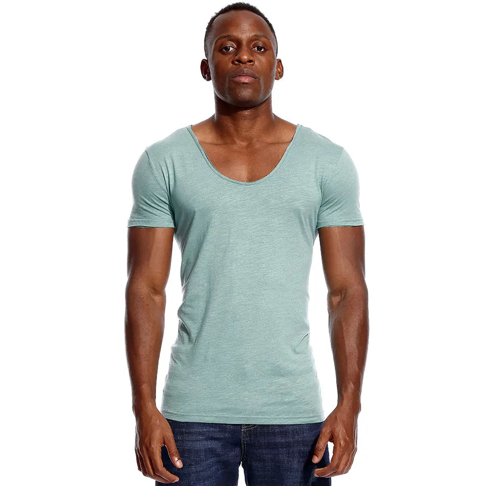 Scoop Neck T Shirt for Men Low Cut Deep V Neck Wide Vee Tee Male Tshirt Invisible Undershirt Slim Fit Short Sleeve