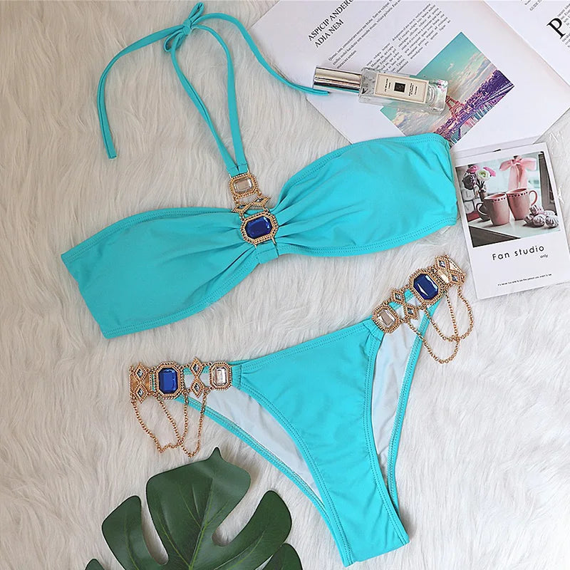 2025 Rhinestone Swimsuit Women Bikinis Crystal Diamond Bikini Set Metal Chain Swimwear female Luxury Aristocratic Swimming Suit