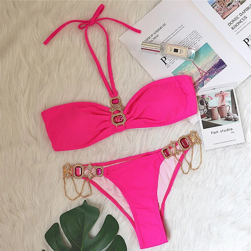 2025 Rhinestone Swimsuit Women Bikinis Crystal Diamond Bikini Set Metal Chain Swimwear female Luxury Aristocratic Swimming Suit
