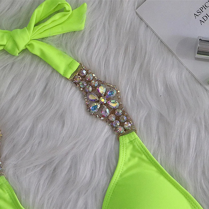 2025 Rhinestone Swimsuit Women Bikinis Crystal Diamond Bikini Set Metal Chain Swimwear female Luxury Aristocratic Swimming Suit