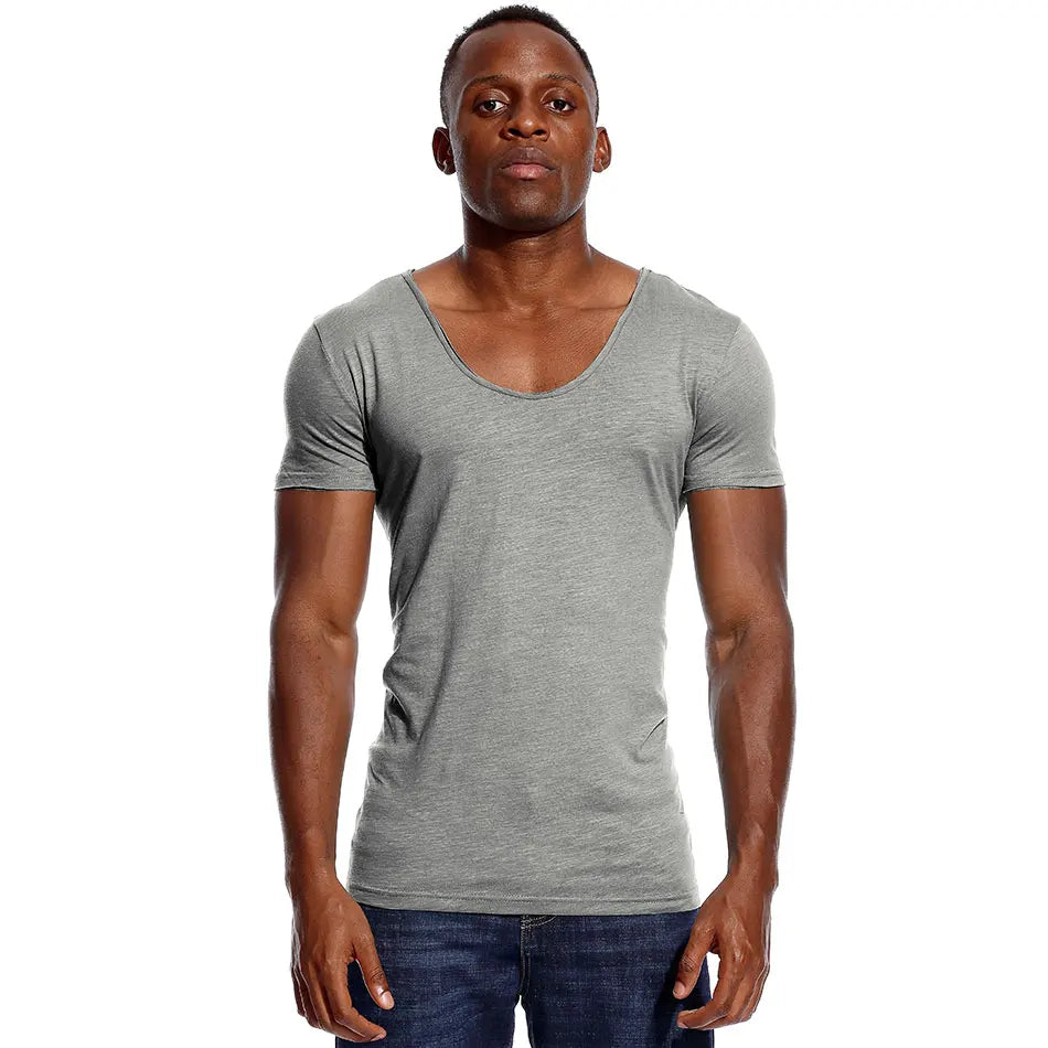 Scoop Neck T Shirt for Men Low Cut Deep V Neck Wide Vee Tee Male Tshirt Invisible Undershirt Slim Fit Short Sleeve