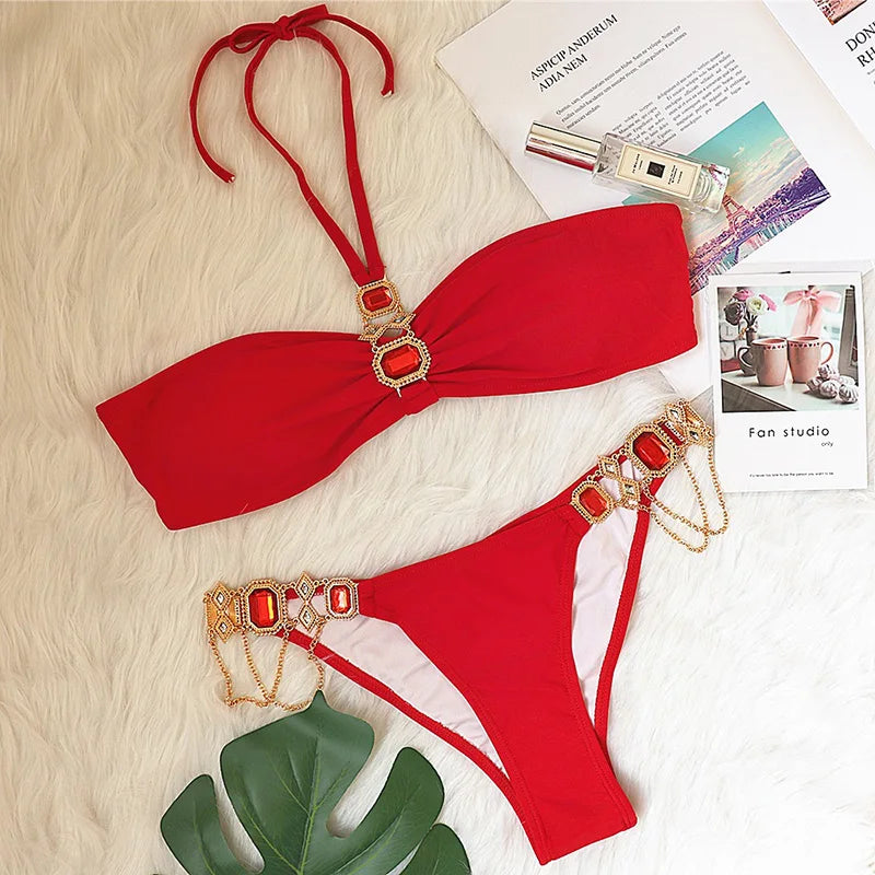 2025 Rhinestone Swimsuit Women Bikinis Crystal Diamond Bikini Set Metal Chain Swimwear female Luxury Aristocratic Swimming Suit