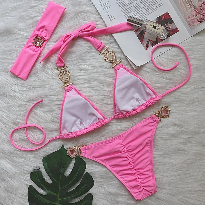 2025 Rhinestone Swimsuit Women Bikinis Crystal Diamond Bikini Set Metal Chain Swimwear female Luxury Aristocratic Swimming Suit