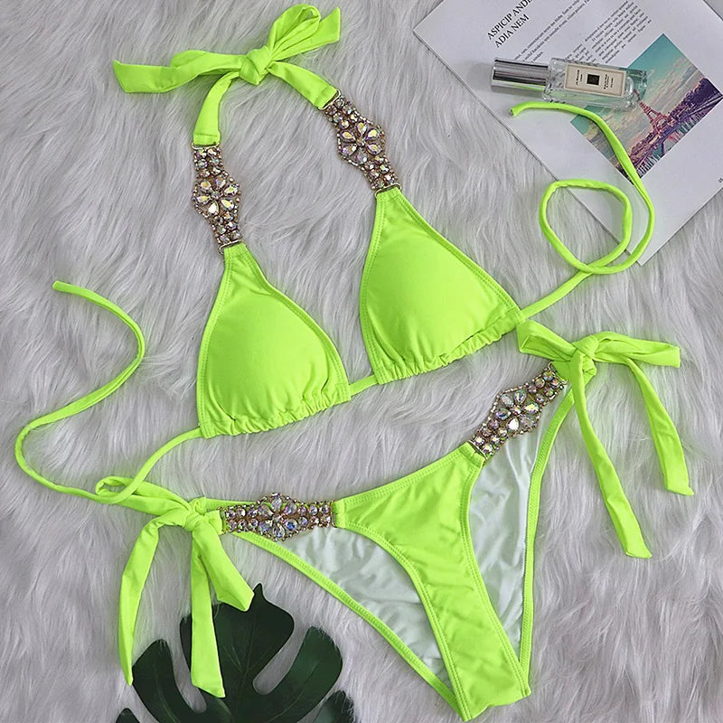 2025 Rhinestone Swimsuit Women Bikinis Crystal Diamond Bikini Set Metal Chain Swimwear female Luxury Aristocratic Swimming Suit