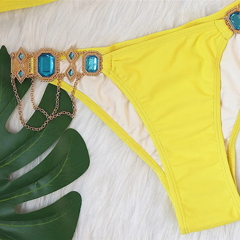 2025 Rhinestone Swimsuit Women Bikinis Crystal Diamond Bikini Set Metal Chain Swimwear female Luxury Aristocratic Swimming Suit