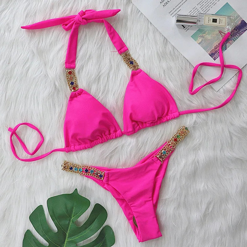 2025 Rhinestone Swimsuit Women Bikinis Crystal Diamond Bikini Set Metal Chain Swimwear female Luxury Aristocratic Swimming Suit