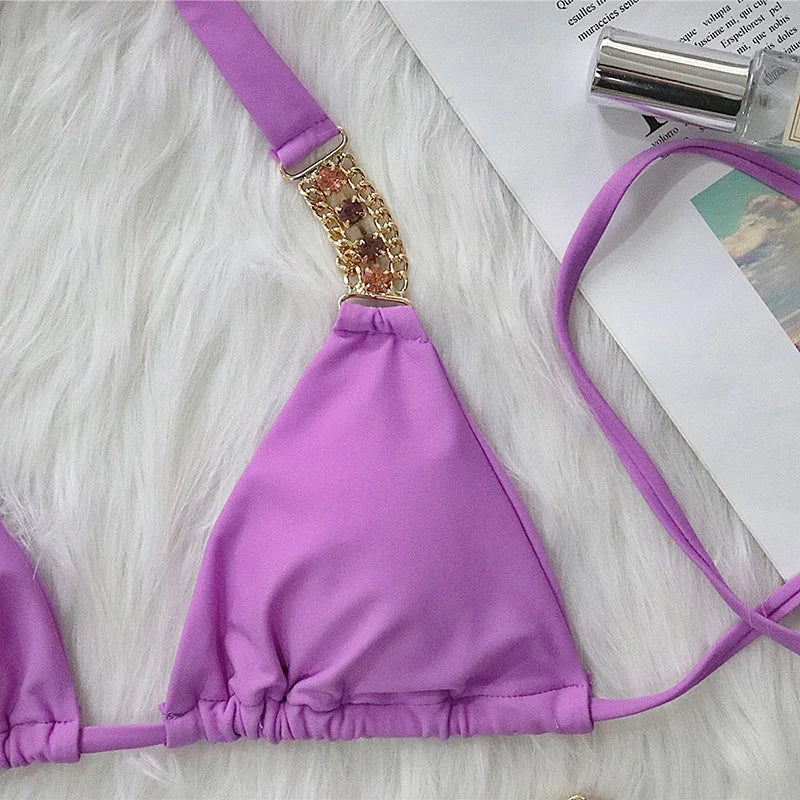 2025 Rhinestone Swimsuit Women Bikinis Crystal Diamond Bikini Set Metal Chain Swimwear female Luxury Aristocratic Swimming Suit