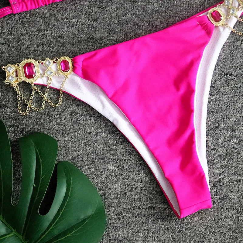 2025 Rhinestone Swimsuit Women Bikinis Crystal Diamond Bikini Set Metal Chain Swimwear female Luxury Aristocratic Swimming Suit