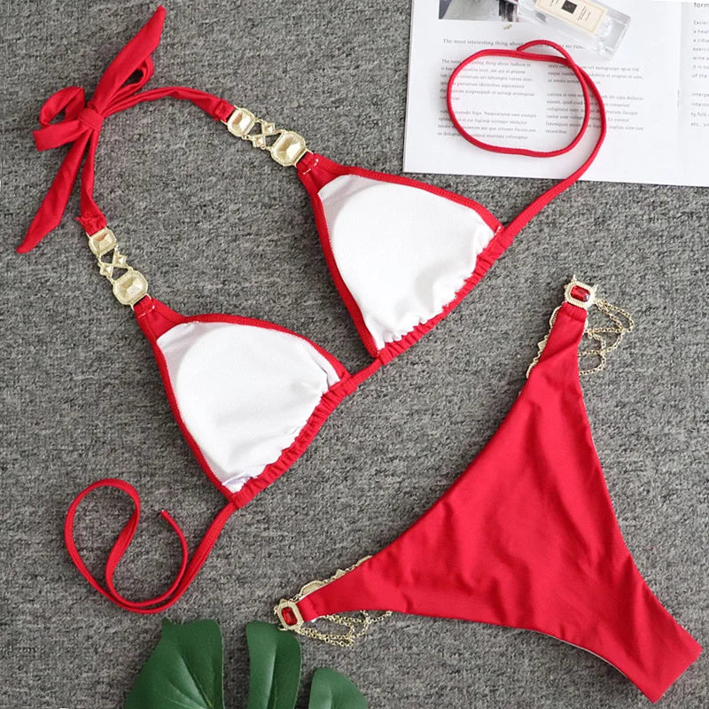 2025 Rhinestone Swimsuit Women Bikinis Crystal Diamond Bikini Set Metal Chain Swimwear female Luxury Aristocratic Swimming Suit
