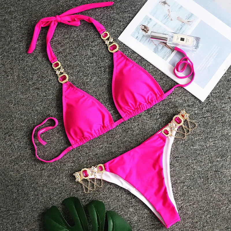 2025 Rhinestone Swimsuit Women Bikinis Crystal Diamond Bikini Set Metal Chain Swimwear female Luxury Aristocratic Swimming Suit