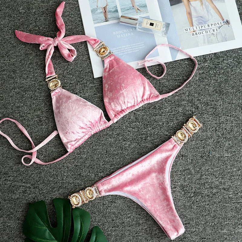 2025 Rhinestone Swimsuit Women Bikinis Crystal Diamond Bikini Set Metal Chain Swimwear female Luxury Aristocratic Swimming Suit
