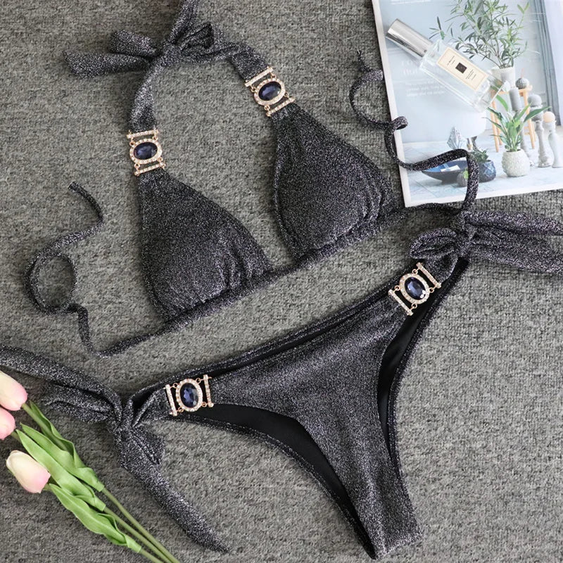 2025 Rhinestone Swimsuit Women Bikinis Crystal Diamond Bikini Set Metal Chain Swimwear female Luxury Aristocratic Swimming Suit