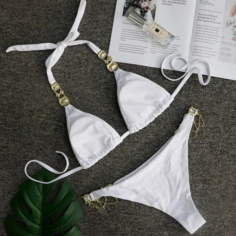 2025 Rhinestone Swimsuit Women Bikinis Crystal Diamond Bikini Set Metal Chain Swimwear female Luxury Aristocratic Swimming Suit