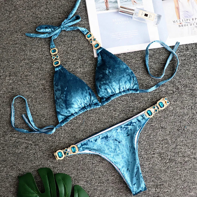 2025 Rhinestone Swimsuit Women Bikinis Crystal Diamond Bikini Set Metal Chain Swimwear female Luxury Aristocratic Swimming Suit
