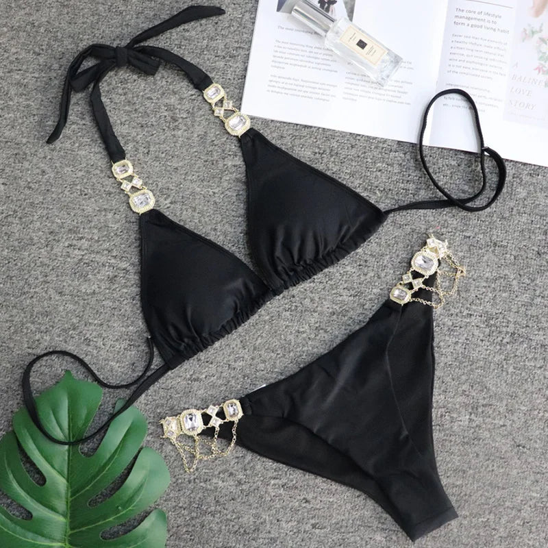 2025 Rhinestone Swimsuit Women Bikinis Crystal Diamond Bikini Set Metal Chain Swimwear female Luxury Aristocratic Swimming Suit