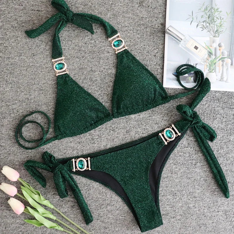 2025 Rhinestone Swimsuit Women Bikinis Crystal Diamond Bikini Set Metal Chain Swimwear female Luxury Aristocratic Swimming Suit