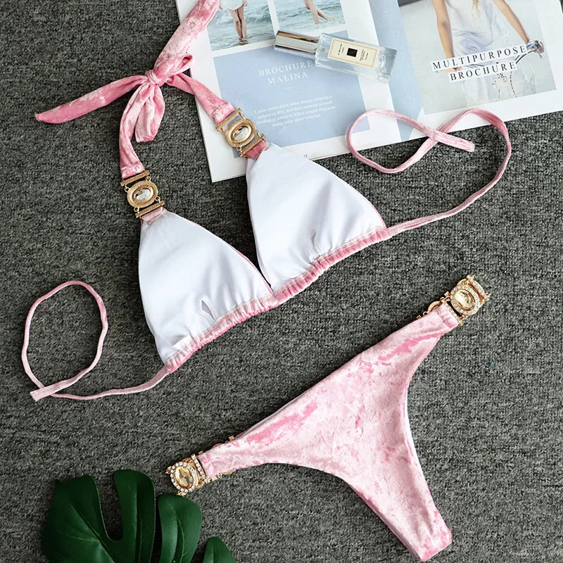 2025 Rhinestone Swimsuit Women Bikinis Crystal Diamond Bikini Set Metal Chain Swimwear female Luxury Aristocratic Swimming Suit