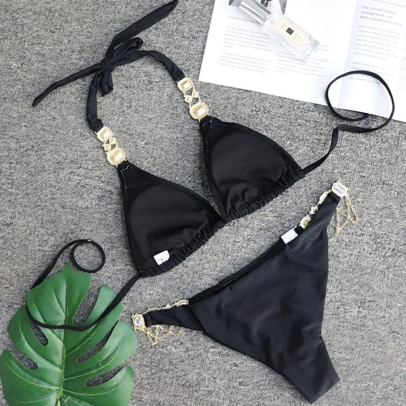 2025 Rhinestone Swimsuit Women Bikinis Crystal Diamond Bikini Set Metal Chain Swimwear female Luxury Aristocratic Swimming Suit