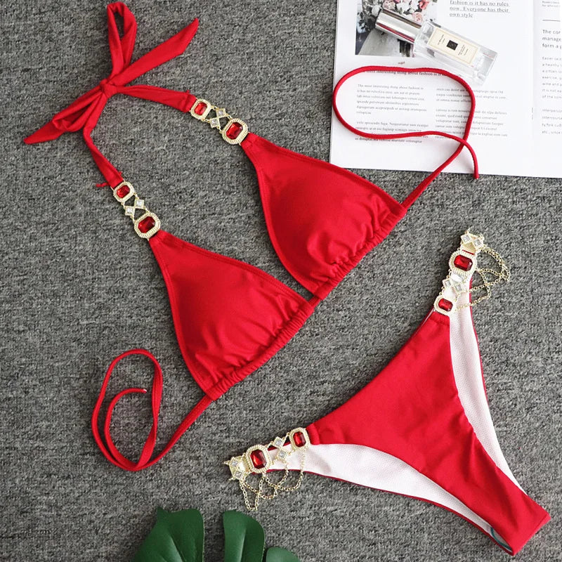 2025 Rhinestone Swimsuit Women Bikinis Crystal Diamond Bikini Set Metal Chain Swimwear female Luxury Aristocratic Swimming Suit