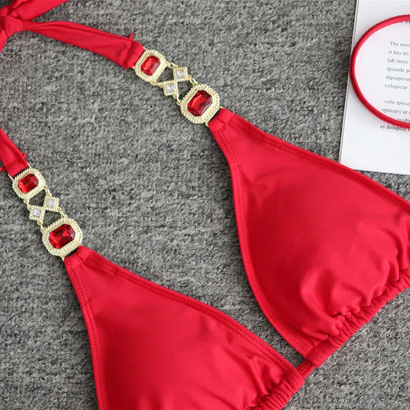 2025 Rhinestone Swimsuit Women Bikinis Crystal Diamond Bikini Set Metal Chain Swimwear female Luxury Aristocratic Swimming Suit