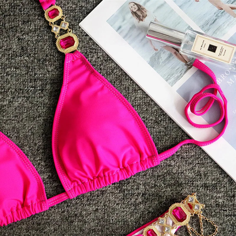 2025 Rhinestone Swimsuit Women Bikinis Crystal Diamond Bikini Set Metal Chain Swimwear female Luxury Aristocratic Swimming Suit