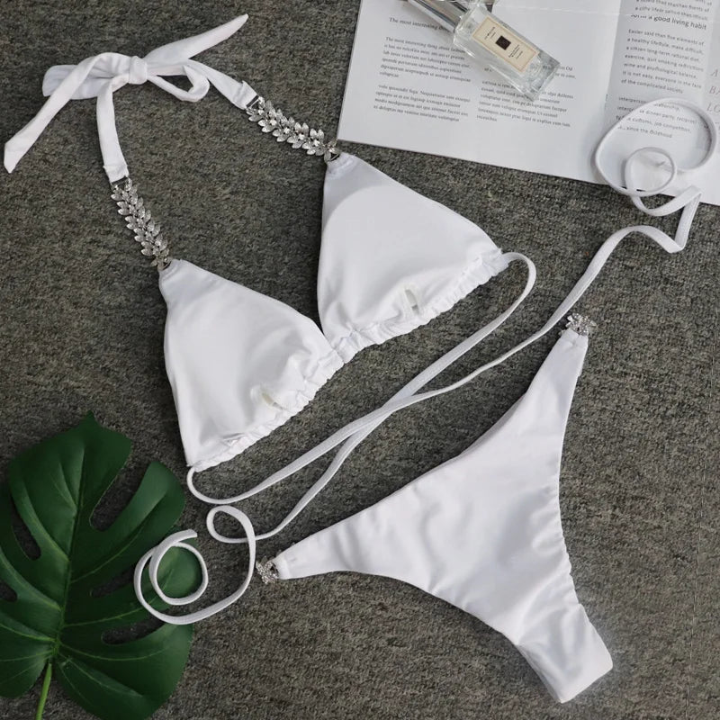 2025 Rhinestone Swimsuit Women Bikinis Crystal Diamond Bikini Set Metal Chain Swimwear female Luxury Aristocratic Swimming Suit