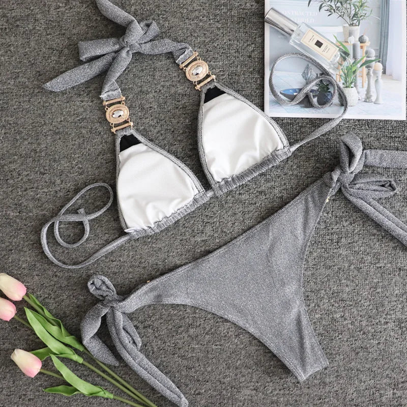 2025 Rhinestone Swimsuit Women Bikinis Crystal Diamond Bikini Set Metal Chain Swimwear female Luxury Aristocratic Swimming Suit