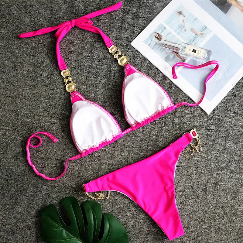 2025 Rhinestone Swimsuit Women Bikinis Crystal Diamond Bikini Set Metal Chain Swimwear female Luxury Aristocratic Swimming Suit